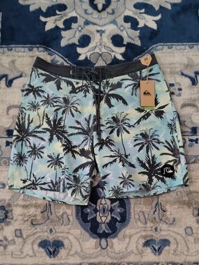 Quiksilver Men’s Black Palm-Print Board Shorts with Aqua Tie